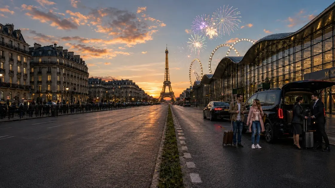 Illustrated Paris arrival at sunset