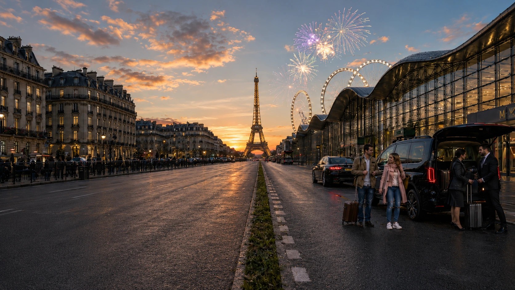 Illustrated Paris arrival at sunset